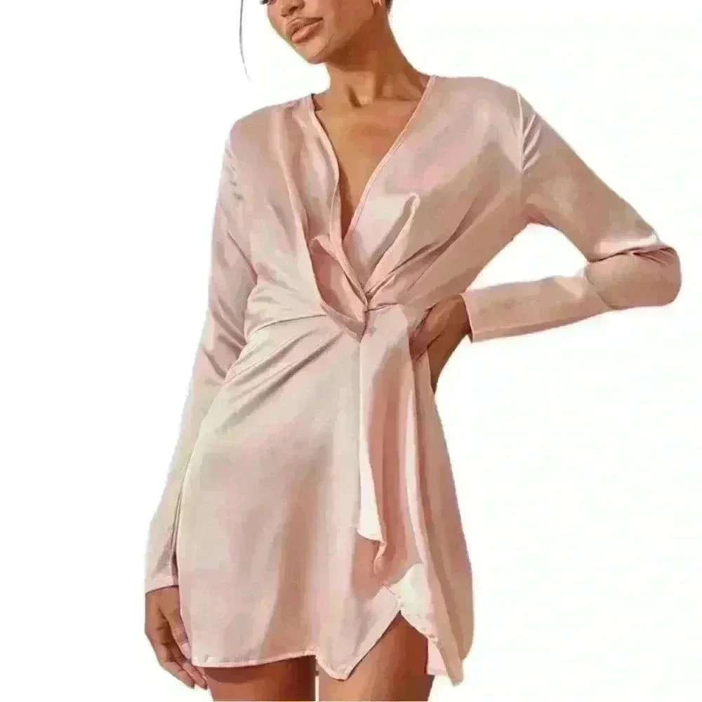 PrettyLittleThing Nude Satin Long Sleeve Wrap Dress - Picture 2 of 13
